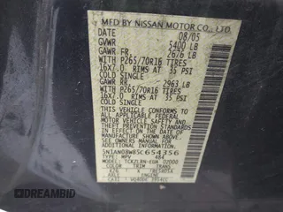 2005 Nissan Xterra S with VIN 5N1AN08W85C654356, listed as a IAAI auction lot 41879537 with 140,421 mi miles and . Bid and sale history available at DreamBid. Image 9.