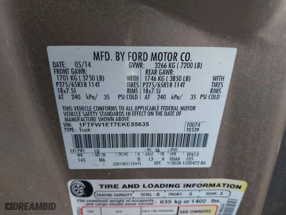 2014 Ford F-150 XL with VIN 1FTFW1ET7EKE55635, listed as a IAAI auction lot 41841231 with 263,240 mi miles. Bid and sale history available at carsss.com. Image 9.