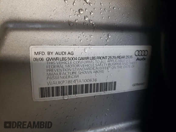 2007 Audi A4 2.0T with VIN WAUKF78E47A100636, listed as a Copart auction lot 41652025 with 141,770 mi miles and Salvage title. Bid and sale history available at DreamBid. Image 14.