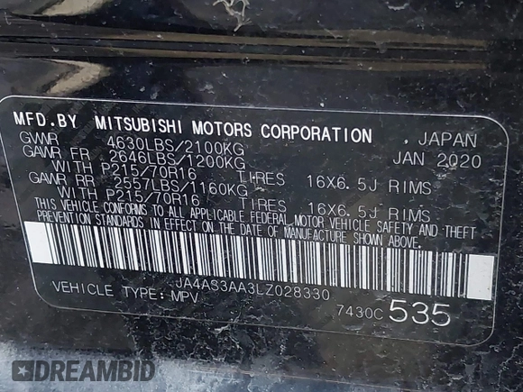 2020 Mitsubishi Eclipse Cross ES z VIN JA4AS3AA3LZ028330, wystawiony jako IAAI lot #41770820 z przebiegiem 62 067 mil mil oraz . Historia ofert i sprzedaży dostępna na DreamBid. Obrazek 9.