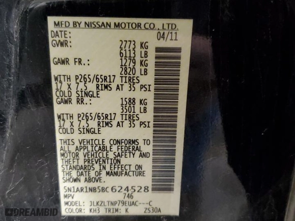 2011 Nissan Pathfinder Silver with VIN 5N1AR1NB5BC624528, listed as a Copart auction lot 82087504 with 161,604 mi miles and Salvage Title. Bid and sale history available at carsss.com. Image 13.