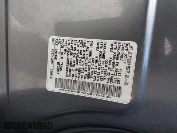 2015 Infiniti QX70 with VIN JN8CS1MWXFM480906, listed as a IAAI auction lot 41177811 with 176,527 mi miles and . Bid and sale history available at DreamBid. Image 9.