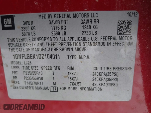 2013 Chevrolet Equinox LTZ with VIN 1GNFLGEK1DZ104011, listed as a IAAI auction lot 41424044 with 118,893 mi miles. Bid and sale history available at carsss.com. Image 9.