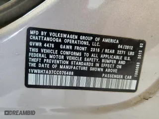 2012 Volkswagen Passat SE with VIN 1VWBH7A37CC075488, listed as a Copart auction lot 85963014 with 142,697 mi miles and Salvage Title. Bid and sale history available at carsss.com. Image 12.