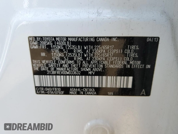 2013 Toyota RAV4 LE with VIN 2T3BFREV0DW033632, listed as a Copart auction lot 60270785 with 105,089 mi miles and Clean title. Bid and sale history available at DreamBid. Image 13.