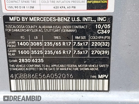 2006 Mercedes-Benz M 350 with VIN 4JGBB86E56A052016, listed as a IAAI auction lot 41870998 with 223,096 mi miles and . Bid and sale history available at DreamBid. Image 9.