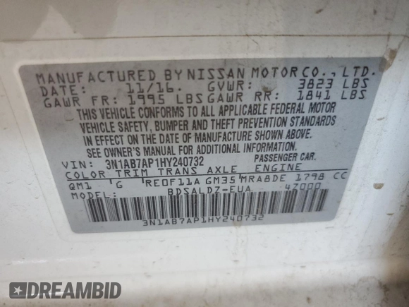 2017 Nissan Sentra S with VIN 3N1AB7AP1HY240732, listed as a Copart auction lot 61223645 with 84,857 mi miles and Salvage title. Bid and sale history available at DreamBid. Image 12.