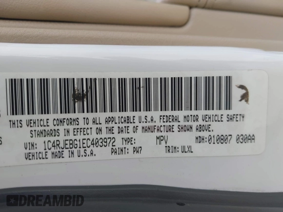 2014 Jeep Grand Cherokee Limited with VIN 1C4RJEBG1EC403972, listed as a IAAI auction lot 41455012 with 241,168 mi miles and . Bid and sale history available at DreamBid. Image 9.