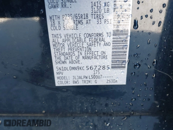 2019 Infiniti QX60 Pure с VIN 5N1DL0MN9KC567285, выставлен на аукционе IAAI как лот 42312670 с пробегом 106 018 миль миль и . История ставок и продаж доступна на DreamBid. Изображение 9.