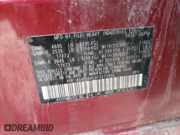 2015 Subaru Outback 2.5i z VIN 4S4BSAAC0F3213938, wystawiony jako Copart lot #43641955 z przebiegiem 196 650 mil mil oraz Szkoda całkowita • Salvage title. Historia ofert i sprzedaży dostępna na DreamBid. Obrazek 14.