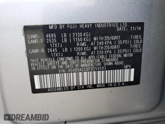 2015 Subaru Outback Premium with VIN 4S4BSACC6F3259593, listed as a Copart auction lot 54944375 with 114,260 mi miles and Salvage Title. Bid and sale history available at DreamBid. Image 13.
