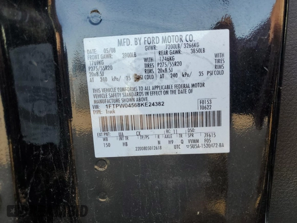2008 Ford F-150 XLT with VIN 1FTPW04568KE24382, listed as a Copart auction lot 48829335 with 161,669 mi miles and Clean Title. Bid and sale history available at carsss.com. Image 12.