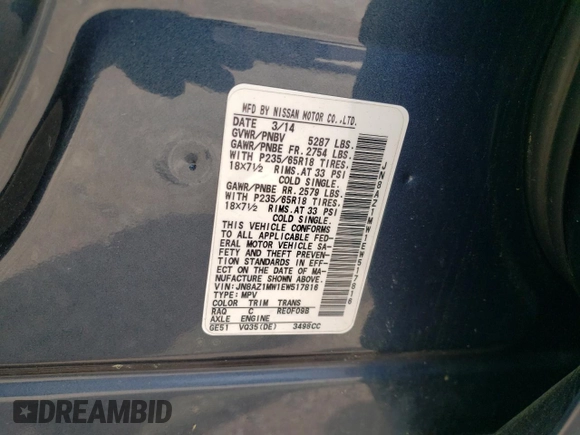 2014 Nissan Murano S with VIN JN8AZ1MW1EW517816, listed as a Copart auction lot 55492175 with 202,499 mi miles and Clean Title. Bid and sale history available at DreamBid. Image 13.