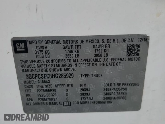 2017 Chevrolet Silverado 1500 LTZ with VIN 3GCPCSEC8HG285929, listed as a Copart auction lot 74807944 with Not Provided miles and Salvage Title. Bid and sale history available at DreamBid. Image 12.