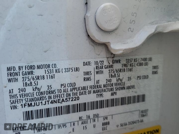 2022 Ford Expedition XLT with VIN 1FMJU1JT4NEA57220, listed as a Copart auction lot 46692975 with 66,921 mi miles and Salvage Title. Bid and sale history available at carsss.com. Image 14.