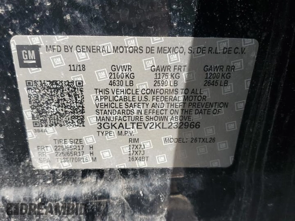 2019 GMC Terrain SLE z VIN 3GKALTEV2KL232966, wystawiony jako Copart lot #57748455 z przebiegiem 96 098 mil mil oraz Szkoda całkowita • Salvage title. Historia ofert i sprzedaży dostępna na DreamBid. Obrazek 13.