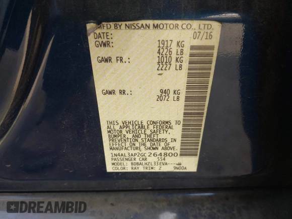 2016 Nissan Altima SR with VIN 1N4AL3AP2GC264800, listed as a IAAI auction lot 41968704 with 141,992 mi miles and . Bid and sale history available at carsss.com. Image 9.