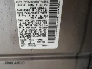 2010 Nissan Murano SL z VIN JN8AZ1MW4AW122863, wystawiony jako Copart lot #55816795 z przebiegiem 124 101 mil mil oraz Szkoda całkowita • Salvage title. Historia ofert i sprzedaży dostępna na DreamBid. Obrazek 13.