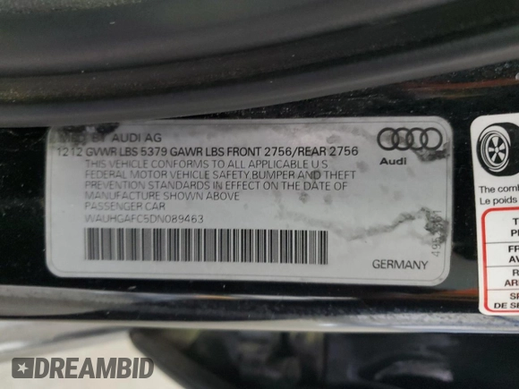 2013 Audi A6 Prestige with VIN WAUHGAFC5DN089463, listed as a Copart auction lot 57886495 with Not provided miles and Salvage title. Bid and sale history available at DreamBid. Image 12.