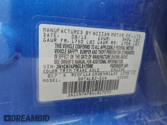 2016 Nissan Versa SV with VIN 3N1CN7AP8GL817090, listed as a Copart auction lot 50297915 with 145,657 mi miles and Salvage Title. Bid and sale history available at DreamBid. Image 14.