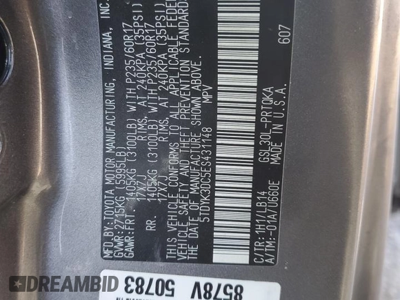 2014 Toyota Sienna XLE with VIN 5TDYK3DC5ES431148, listed as a Copart auction lot 43571065 with 82,854 mi miles and Salvage Title. Bid and sale history available at carsss.com. Image 14.