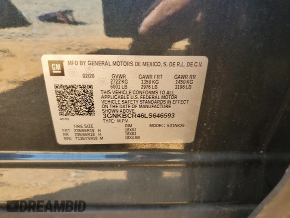 2020 Chevrolet Blazer LT with VIN 3GNKBCR46LS646593, listed as a Copart auction lot 53586385 with Not provided miles and Salvage title. Bid and sale history available at DreamBid. Image 12.