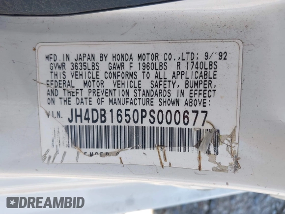 1993 Acura Integra z VIN JH4DB1650PS000677, wystawiony jako IAAI lot #42301738 z przebiegiem 148 492 mil mil oraz . Historia ofert i sprzedaży dostępna na DreamBid. Obrazek 9.