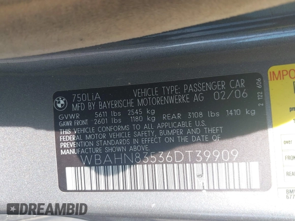 2006 BMW 7 Series 750Li with VIN WBAHN83536DT39909, listed as a IAAI auction lot 42159139 with 107,734 mi miles. Bid and sale history available at carsss.com. Image 9.