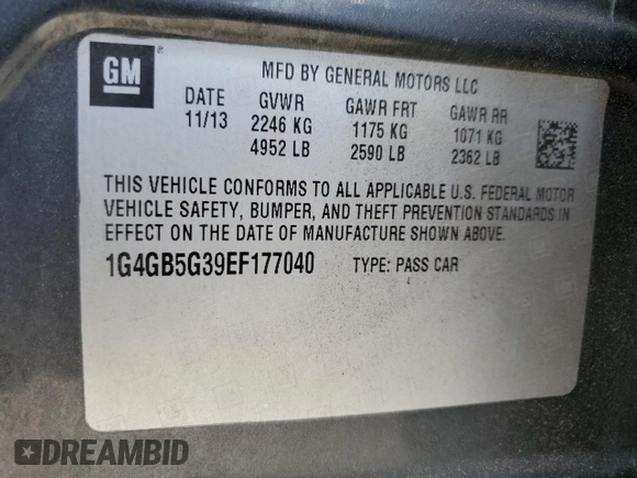 2014 Buick LaCrosse Leather with VIN 1G4GB5G39EF177040, listed as a Copart auction lot 54257695 with 128,690 mi miles and Salvage Title. Bid and sale history available at DreamBid. Image 12.