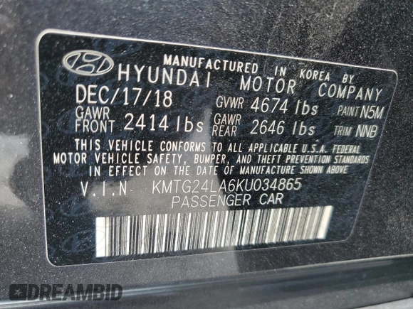 2019 Genesis G70 Sport with VIN KMTG24LA6KU034865, listed as a Copart auction lot 55304455 with 57,087 mi miles and Non repairable. Bid and sale history available at DreamBid. Image 13.