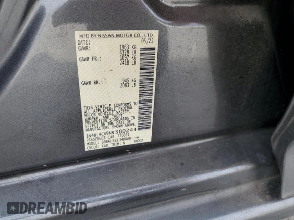 2022 Nissan Altima 2.5 SR with VIN 1N4BL4CV9NN380244, listed as a Copart auction lot 48927635 with 31,991 mi miles and Salvage Title. Bid and sale history available at carsss.com. Image 14.
