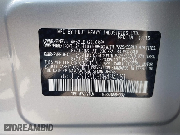 2016 Subaru Forester XT Touring with VIN JF2SJGVC9GH494261, listed as a IAAI auction lot 42560478 with 80,520 mi miles and . Bid and sale history available at DreamBid. Image 9.