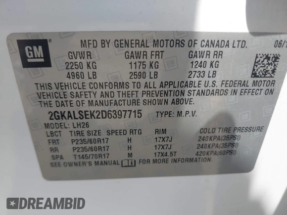 2013 GMC Terrain SLE with VIN 2GKALSEK2D6397715, listed as a IAAI auction lot 42834459 with 82,478 mi miles and . Bid and sale history available at DreamBid. Image 9.
