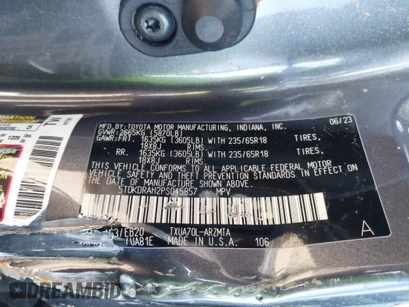 2023 Toyota Highlander L z VIN 5TDKDRAH2PS045857, wystawiony jako IAAI lot #41988866 z przebiegiem Nie podano mil oraz . Historia ofert i sprzedaży dostępna na DreamBid. Obrazek 9.