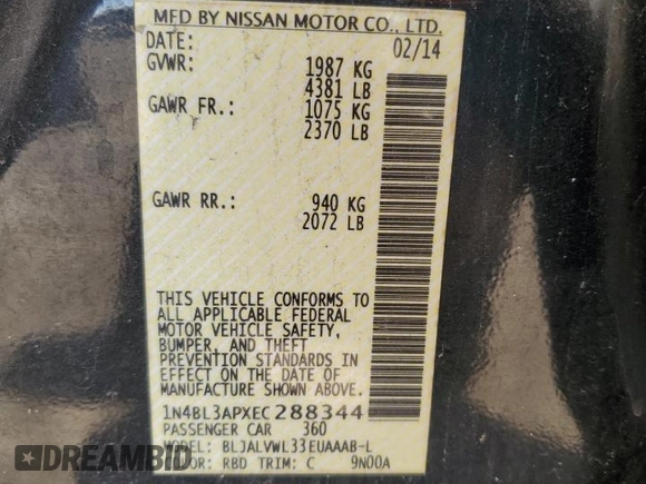 2014 Nissan Altima SL with VIN 1N4BL3APXEC288344, listed as a Copart auction lot 49890215 with Not Provided miles and Salvage Title. Bid and sale history available at DreamBid. Image 14.