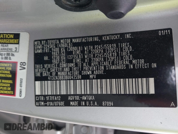 2011 Toyota Venza with VIN 4T3ZA3BB3BU042598, listed as a IAAI auction lot 42123546 with 170,860 mi miles and . Bid and sale history available at DreamBid. Image 9.