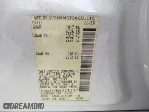 2016 Nissan Altima 2.5 S with VIN 1N4AL3AP8GN351217, listed as a IAAI auction lot 41933443 with 100,523 mi miles. Bid and sale history available at carsss.com. Image 9.