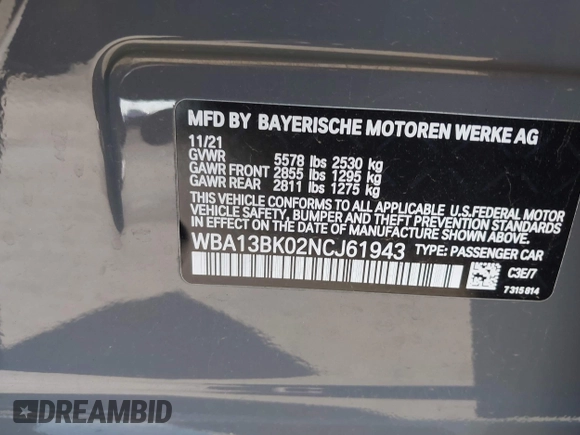 2022 BMW 5 Series M550i xDrive with VIN WBA13BK02NCJ61943, listed as a IAAI auction lot 41607980 with Not provided miles and . Bid and sale history available at DreamBid. Image 9.