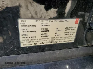2013 Tesla Model S with VIN 5YJSA1CG7DFP07432, listed as a Copart auction lot 59695375 with 180,037 mi miles and Salvage title. Bid and sale history available at DreamBid. Image 12.