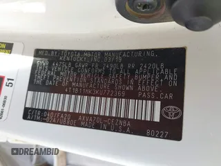 2019 Toyota Camry LE with VIN 4T1B11HK3KU772369, listed as a IAAI auction lot 41353103 with 85,565 mi miles and . Bid and sale history available at DreamBid. Image 9.