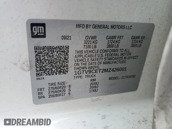 2021 GMC Sierra 1500 with VIN 1GTV9CET2MZ426001, listed as a Copart auction lot 80933594 with 109,076 mi miles and Salvage Title. Bid and sale history available at DreamBid. Image 13.