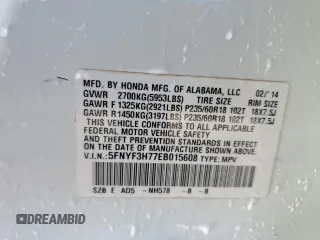 2014 Honda Pilot EX-L with VIN 5FNYF3H77EB015608, listed as a Copart auction lot 43647195 with 59,365 mi miles and Salvage Title. Bid and sale history available at DreamBid. Image 13.