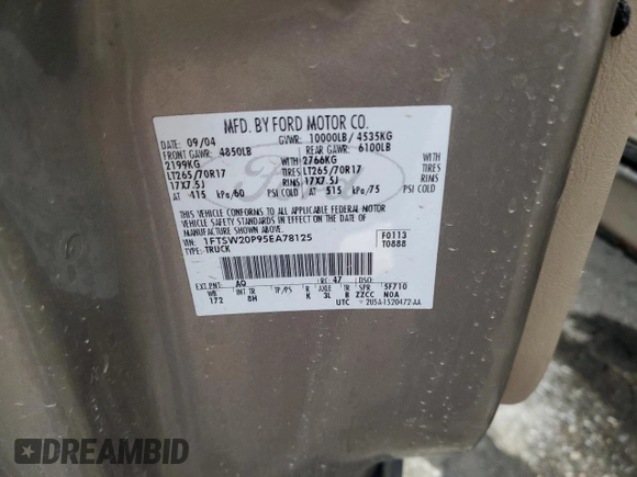 2005 Ford F-250 XL with VIN 1FTSW20P95EA78125, listed as a Copart auction lot 84438514 with Not Provided miles and Clean Title. Bid and sale history available at DreamBid. Image 12.