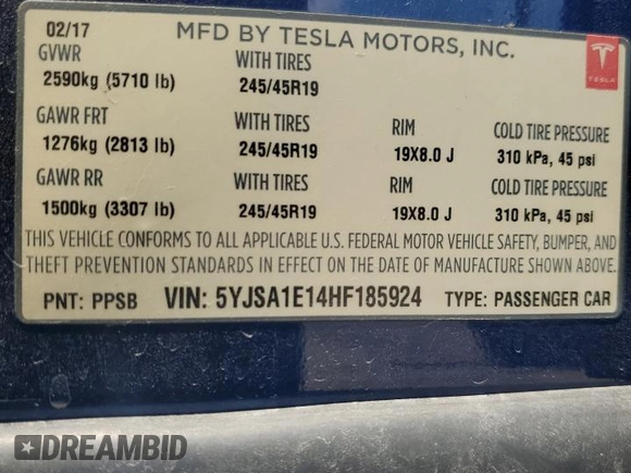 2017 Tesla Model S 60 с VIN 5YJSA1E14HF185924, выставлен на аукционе Copart как лот 57101065 с пробегом 68 268 миль миль и На запчасти • Non repairable. История ставок и продаж доступна на DreamBid. Изображение 13.