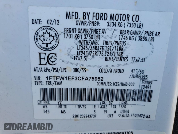 2012 Ford F-150 XL with VIN 1FTFW1EF3CFA75952, listed as a Copart auction lot 62945625 with 233,769 mi miles and Clean title. Bid and sale history available at DreamBid. Image 12.