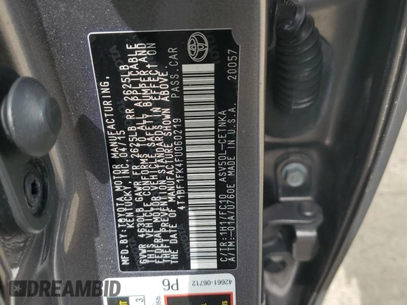2015 Toyota Camry XLE z VIN 4T1BF1FK4FU060219, wystawiony jako Copart lot #58141715 z przebiegiem 256 926 mil mil oraz Czysty tytuł • Clean title. Historia ofert i sprzedaży dostępna na DreamBid. Obrazek 12.