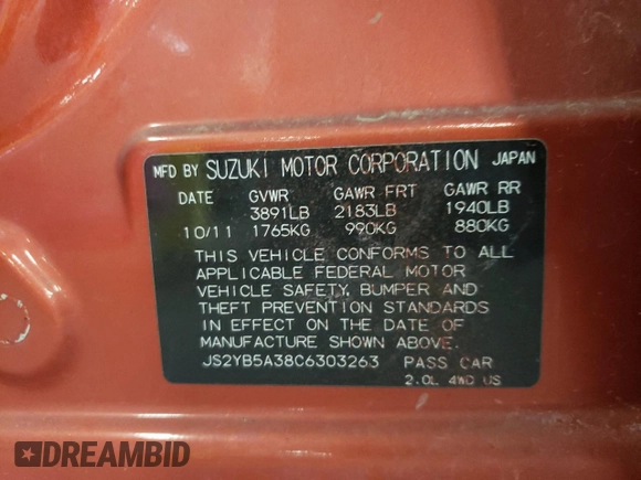 2012 Suzuki SX4 Crossover with VIN JS2YB5A38C6303263, listed as a Copart auction lot 72087524 with 87,503 mi miles and Salvage Title. Bid and sale history available at carsss.com. Image 12.