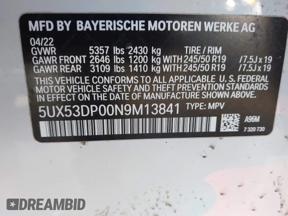 2022 BMW X3 xDrive30i with VIN 5UX53DP00N9M13841, listed as a IAAI auction lot 41677305 with 58,100 mi miles and . Bid and sale history available at DreamBid. Image 9.