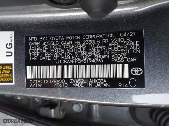 2021 Toyota Prius Prime LE with VIN JTDKAMFP5M3194093, listed as a IAAI auction lot 41240813 with 102,635 mi miles. Bid and sale history available at carsss.com. Image 9.