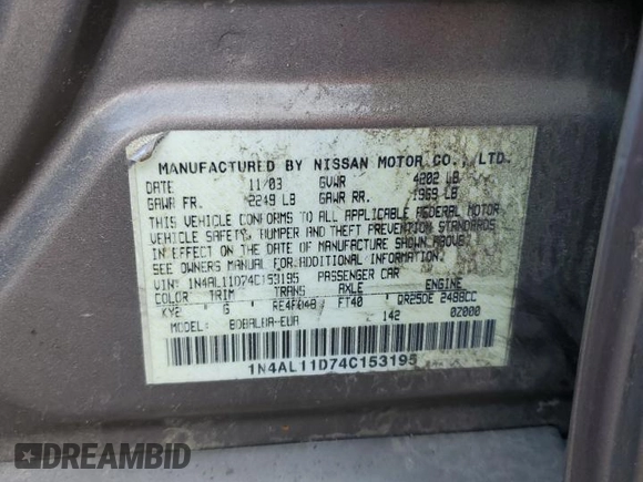 2004 Nissan Altima S with VIN 1N4AL11D74C153195, listed as a Copart auction lot 51612165 with 201,151 mi miles and Salvage Title. Bid and sale history available at carsss.com. Image 12.
